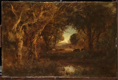 Sunset landscape with trees by William Keith